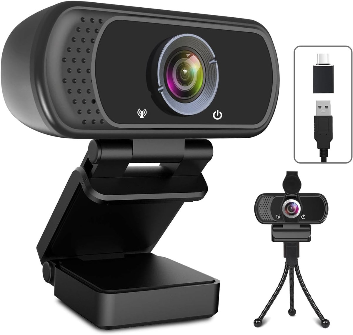 SnelShoppen - USB C Webcam voor PC - HD 1080p Webcam met Microfoon, Privacy Cover, Tripod Houder - Ideaal voor Video Calls, Conferenties en Gaming