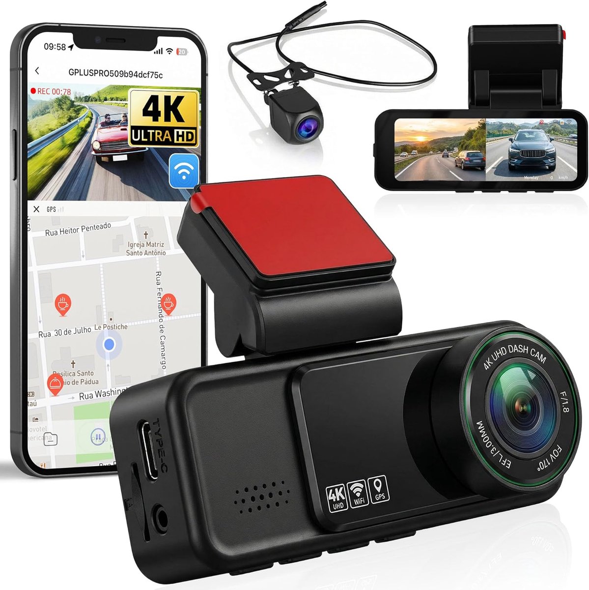 SnelShoppen - 4K Dashcam Auto 1080P, 2-Kanalen FHD Autocamera met GPS, WiFi, App Besturing, Nachtzicht, ADAS, 3.16 Inch Display, 24-Uur Parkeren