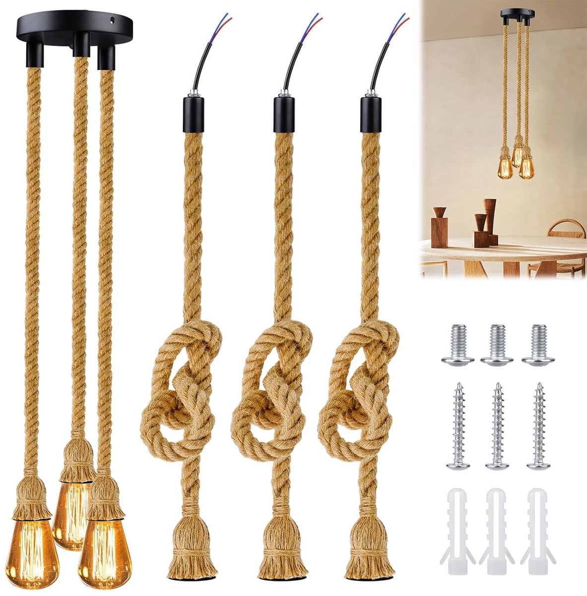 SnelShoppen - Retro Hemp Rope Industriële Kroonluchter 100cm - Handgeweven Vintage Hanglamp voor Restaurant, Bar, Café, Duurzaam en Milieuvriendelijk