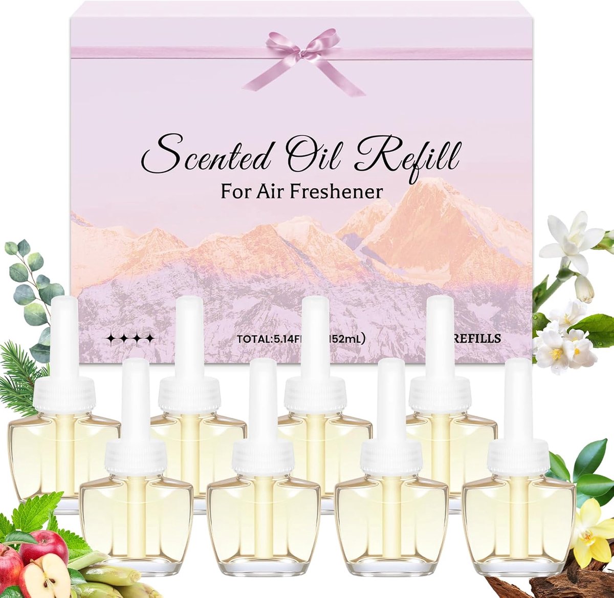 SnelShoppen - Navulverpakking elektrische luchtverfrisser 19 ml x 8, bloemengeur en houtaccenten, voor geurverspreider thuis, aromatherapie, meditatie