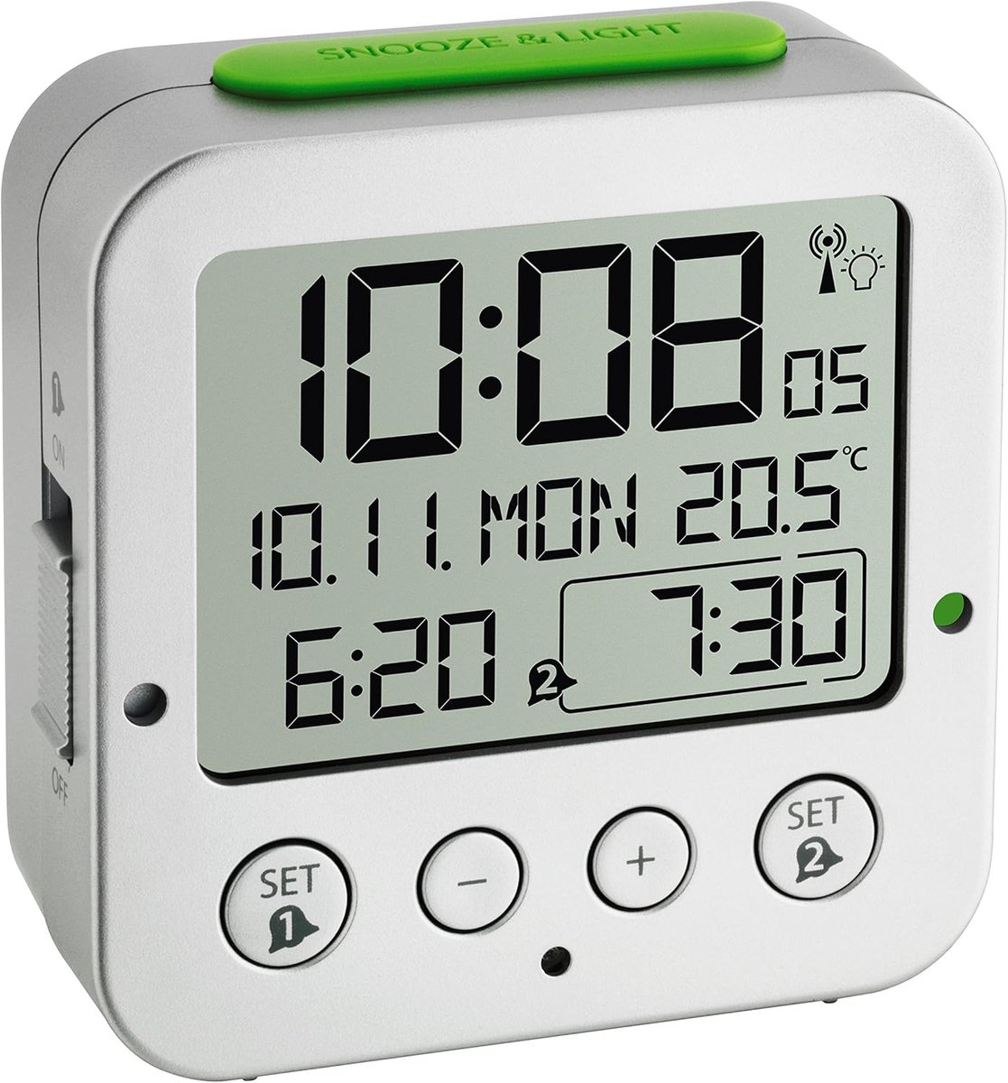SnelShoppen - Digitale Radio Alarmklok met Thermometer, 2 Alarmen, Zilver/Groen, 81x33x81 mm, Nauwkeurige Tijdsaanduiding, Binnen temperatuurweergave,