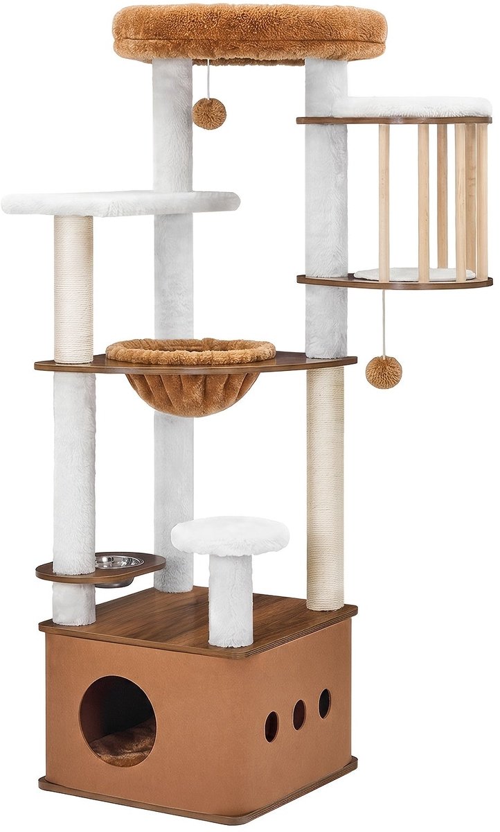 Home & Beyond® Krabpaal voor Binnenkatten met Kattenhuis, Voerbak, Sisalpalen en Pluche Platforms - Walnootkleur - 48 x 48 x 150 cm