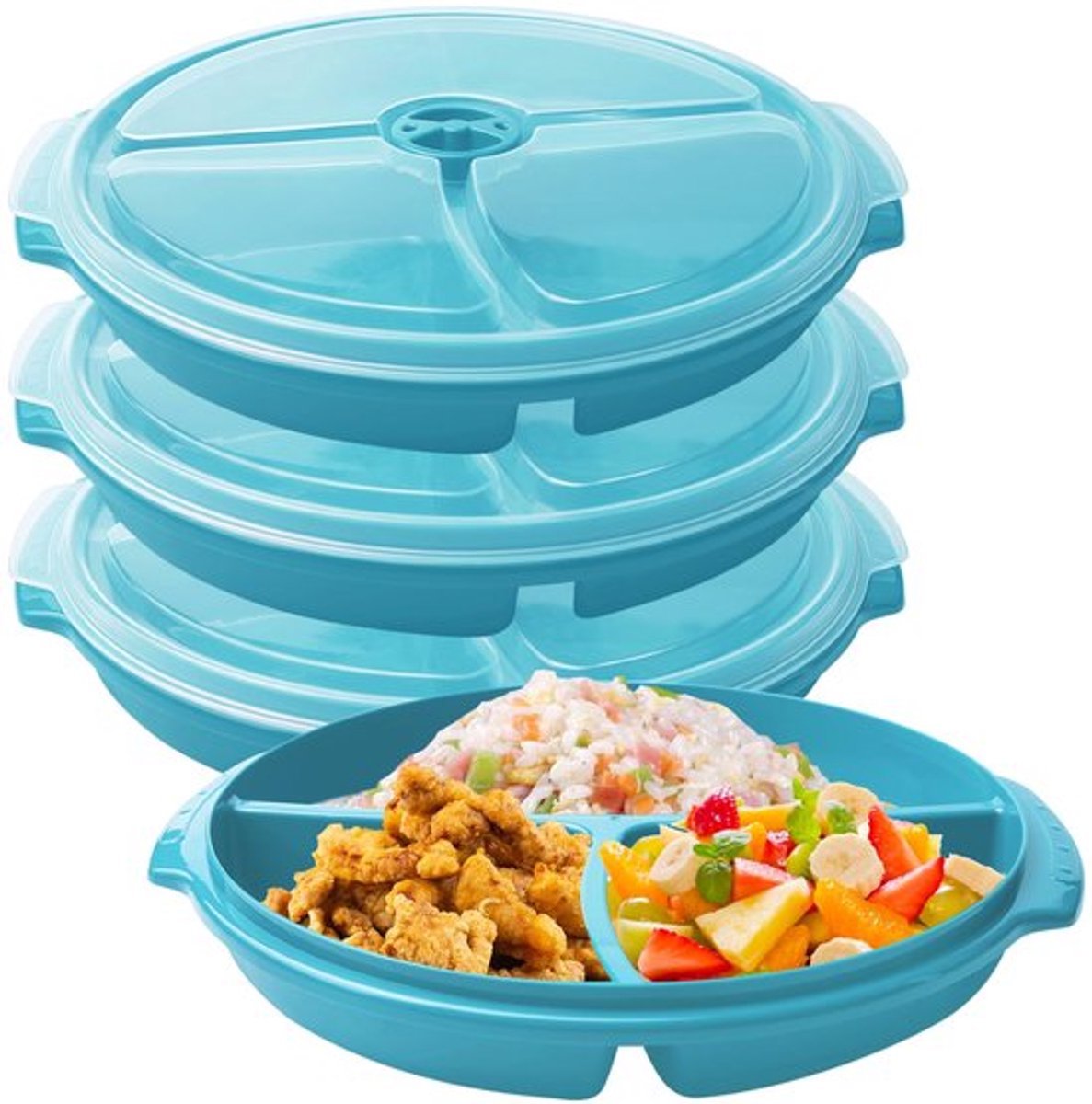 Set van 3 magnetronborden: magnetronservies met deksel, magnetronbord, BPA-vrij, herbruikbaar, magnetronbestendige vershouddoos met 3 compartimenten, deksel voor verwarmen, invriezen, blauwgroen