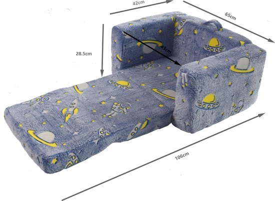 FloraGrace Kinderfauteuil 65 x 106 x 28,5 cm - Opvouwbaar Pluche Met Lichtgevend Ruimtepatroon - Voor Lezen, Spelen En Rusten - Stof - Blauw van FloraGrace — afbeelding 2