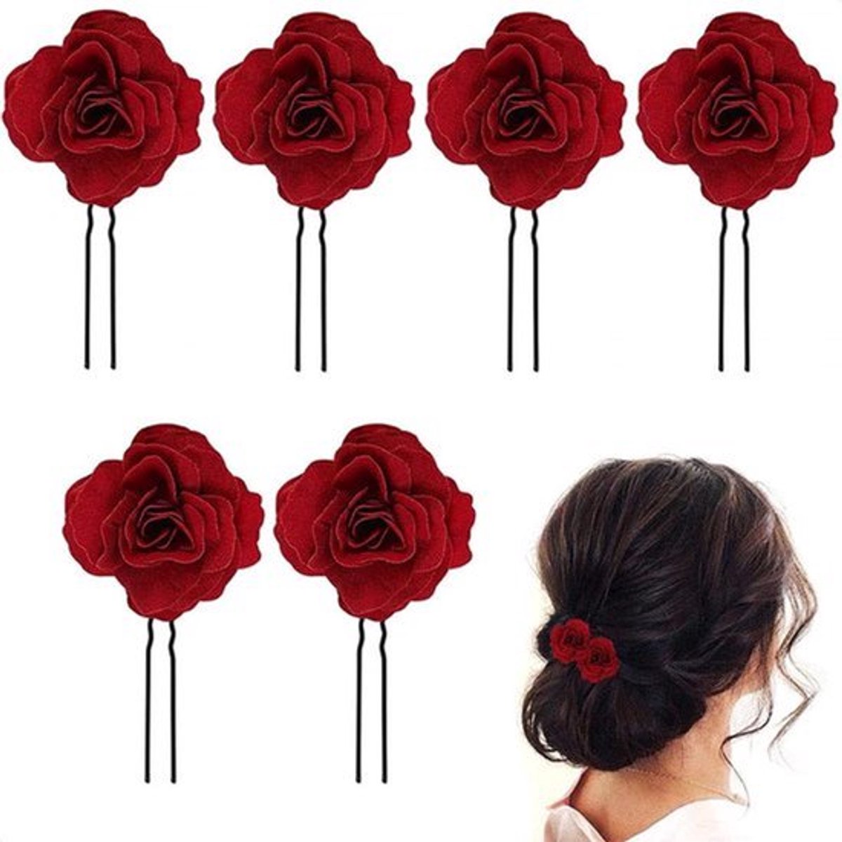 6 Pack Rode Rozen Haarspelden - U Vormige Rozen Haarspelden, Bruids Haaraccessoires, Bruiloft Bruidsmeisje Hoofddecoraties voor Vrouwen en Meisjes Haaraccessoires voor Feest Bruiloft Handgemaakt