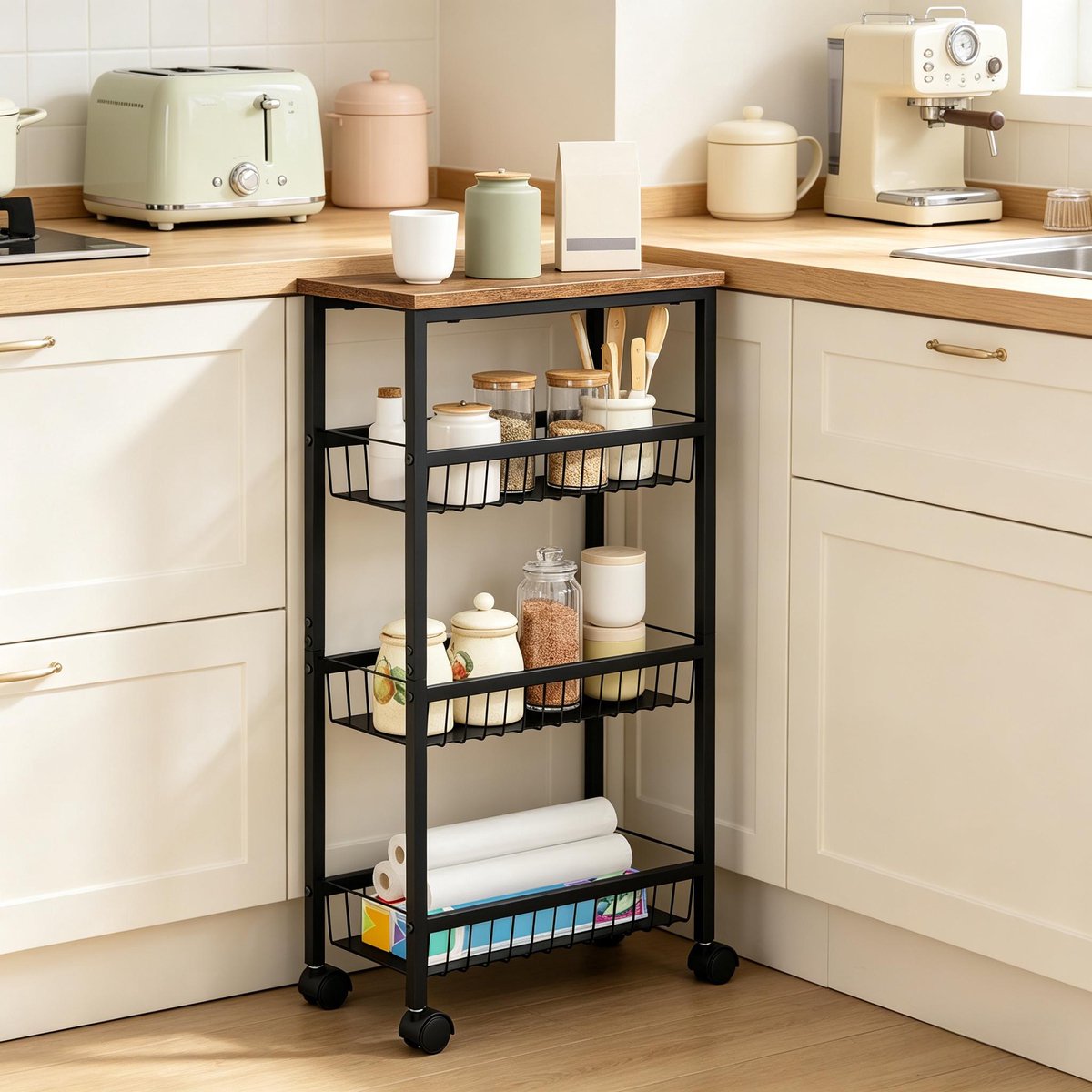 Keukenwagen Verrijdbaar – 40 x 20 x 87 cm – MDF En Metaal – Zwart Met Vintage Houtlook – 4 Niveaus Opbergruimte Voor Keuken En Woonkamer