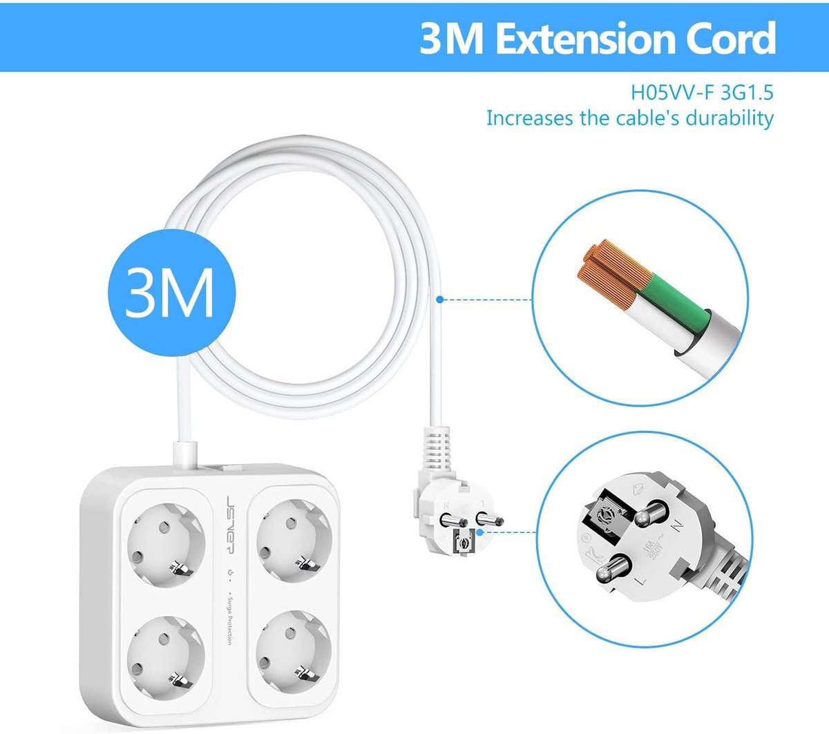 SnelShoppen - 8-in-1 USB Stopcontact met 4 Stopcontacten, 3 USB-A en 1 USB-C, Stekkerdoos met Overspanningsbeveiliging, Wit, 3M Kabel, Ideaal voor Thu
