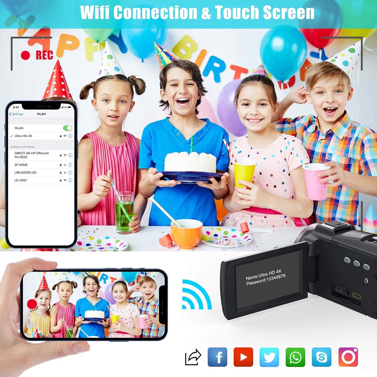 SnelShoppen - 4K Video Camera Vlogging Camera 48MP met WiFi, 16X Digitale Zoom, 3.0 Inch IPS Touchscreen, IR Nachtzicht, Microfoon, 2 Batterijen en Ha thumbnail 4