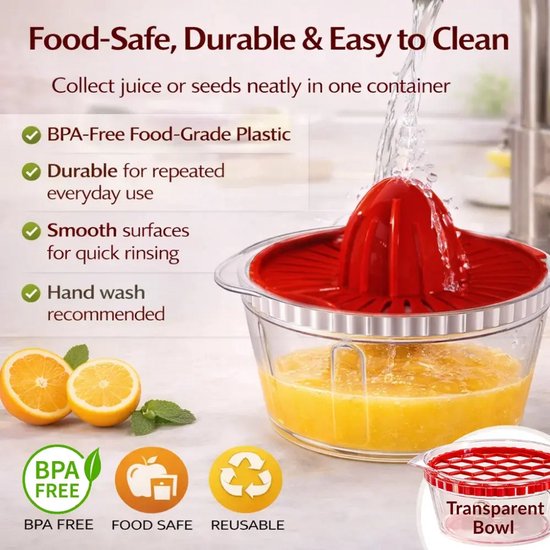 Granaatappel Ontpitter met Citruspers – Handmatige Sinaasappelpers en Citroenpers – Opvangkan met Schenktuit – 700 ml – Rood van modemix — afbeelding 4