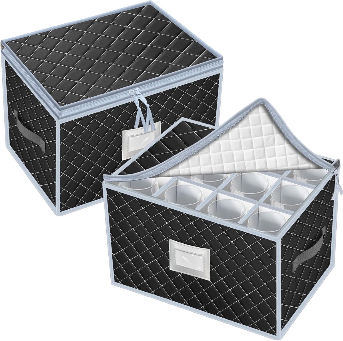 SnelShoppen - Wine Glass Storage Box voor 24 Glazen, Dubbele Rits, Zwart, Bescherming tegen Stof, Vouwbare Box met Scheiders en Label, Ideaal voor Wij