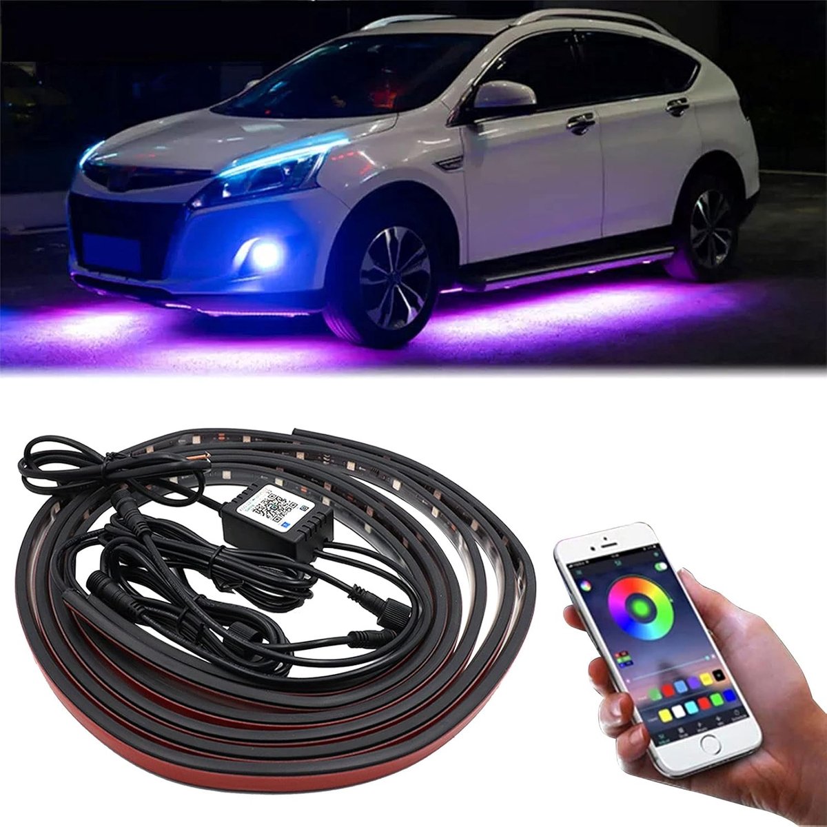 SnelShoppen - Car Underglow Lights 4 Stuks (2 x 60 cm en 2 x 90 cm) RGB LED Neon Onderauto Verlichting Kit met 64 Modi en Bluetooth App Besturing voor