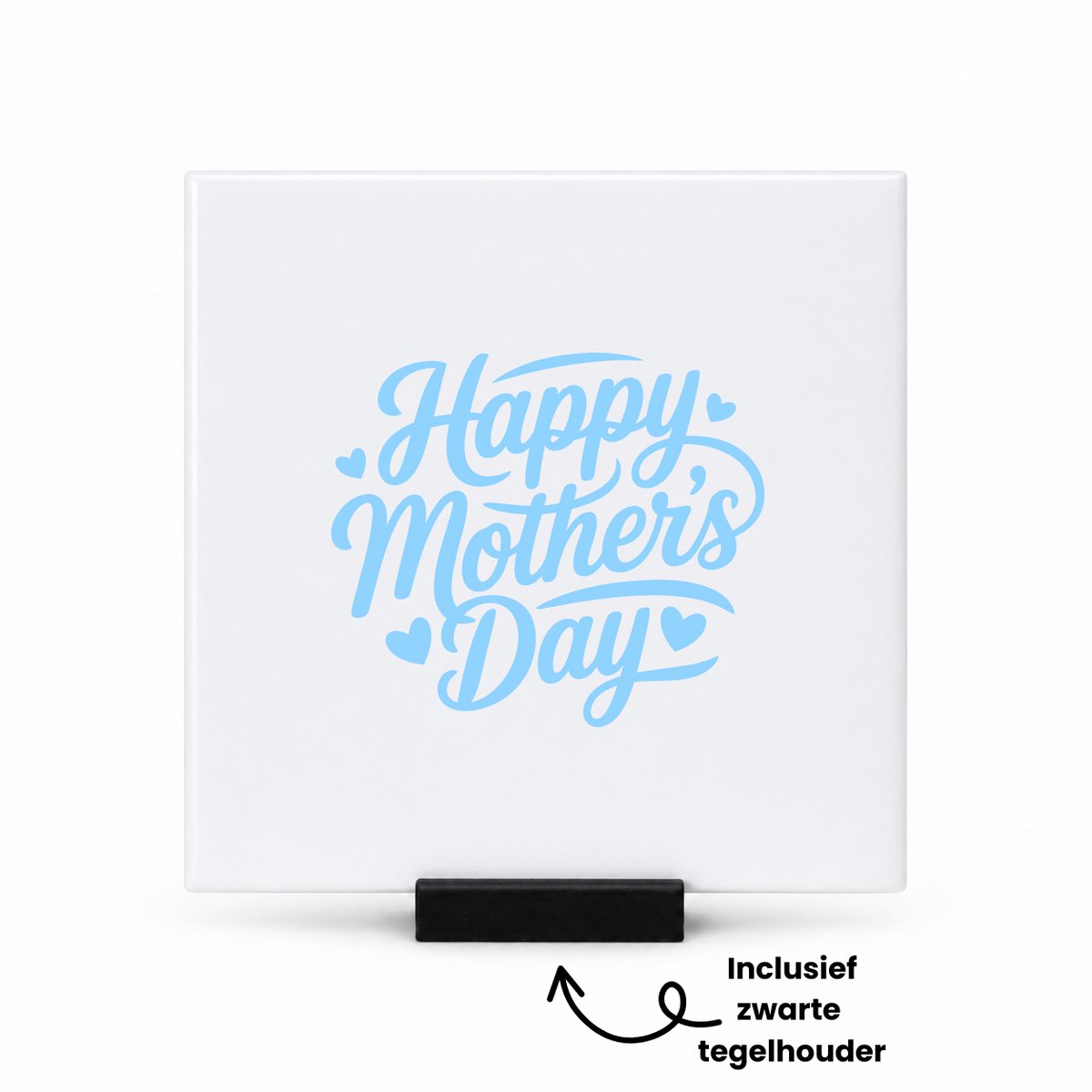 Hacebo Happy mothers day in blauw met 4 hartjes tegeltje met tegelhouder - Moeder - Happy mother - tegeltjes met tekst - moederdag cadeautje - Cadeau voor mama - Verjaardag - Geschenk - Cadeau - Gift - spreuktegels - 10.8x10.8 CM Wit