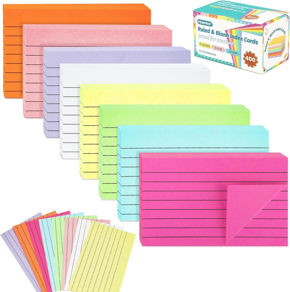 SnelShoppen - 400pcs Gekleurde Indexkaarten - 8 Kleuren, 5" x 3" - Lijnzijde & Leeg - Studeren, Notities, Flashcards, Memo Notepad, To-Do Lijst voor K
