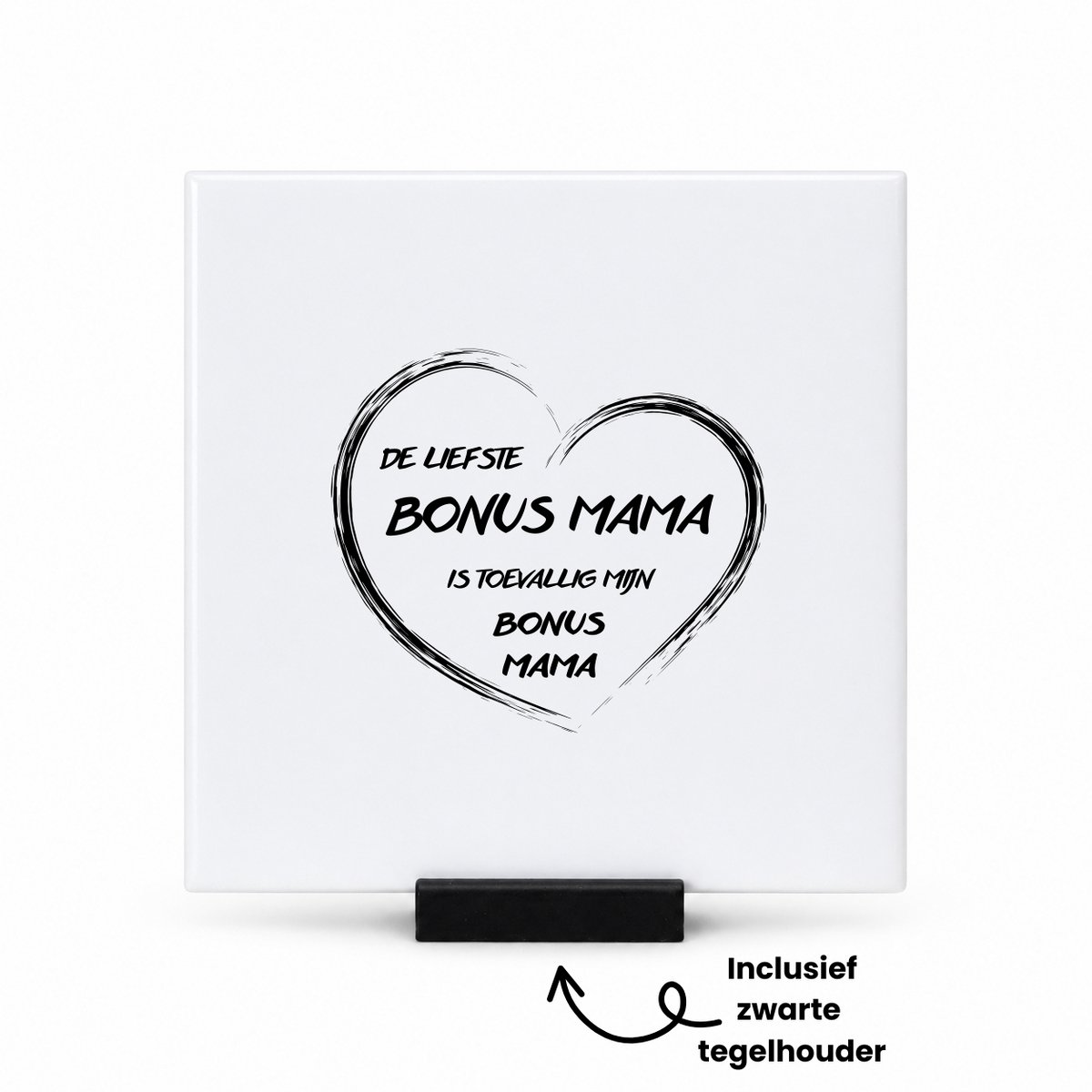 Hacebo De liefste bonus mama in zwart hart tegeltje met tegelhouder - Bonusmoeder - Liefste bonusmama - tegeltjes met tekst - moederdag cadeautje - Cadeau voor mama - Verjaardag - Geschenk - Cadeau - Gift - spreuktegels - 10.8x10.8 CM Wit