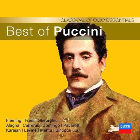 Albumhoes 'Best of Puccini', met een schilderij van Puccini en de tekst 'CLASSICAL CHOICE ESSENTIALS' en 'Best of Puccini'.