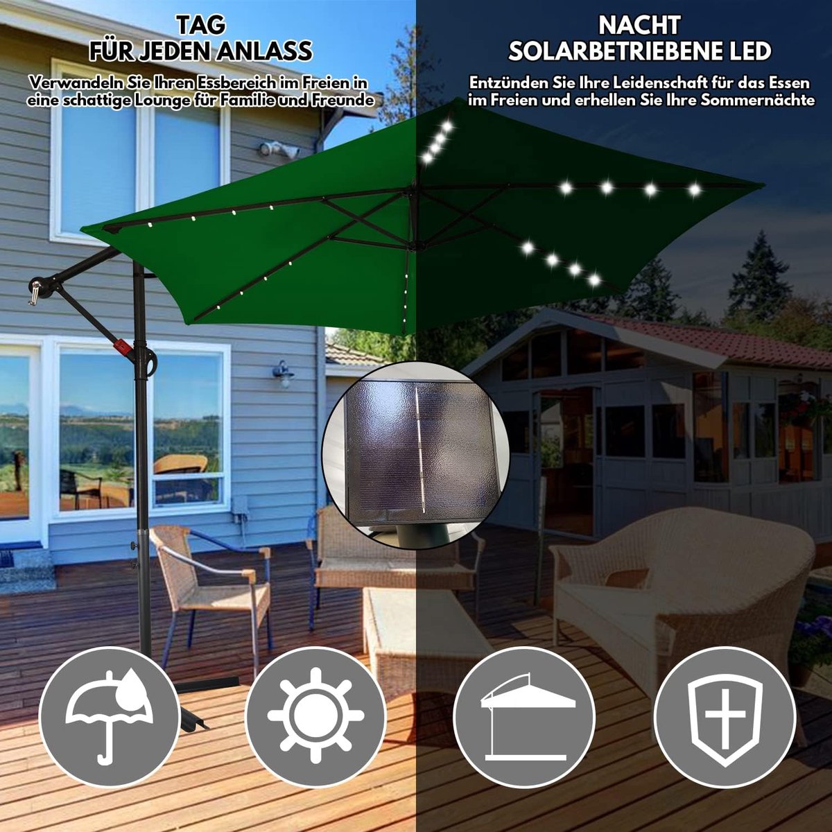Zwevende parasol - Tuinparasol met led - Zonwering buiten - Zonne-energie verlichting - Diameter 350cm - Groen – foto 3
