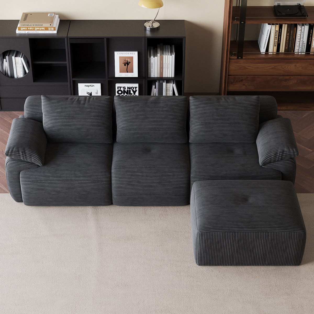 Modulaire bank 264x161x71 cm, l vorm hoekbank met chaise longue, loungebank voor woonkamer, compressie bank van ribstof, geen montage nodig, donkergrijs