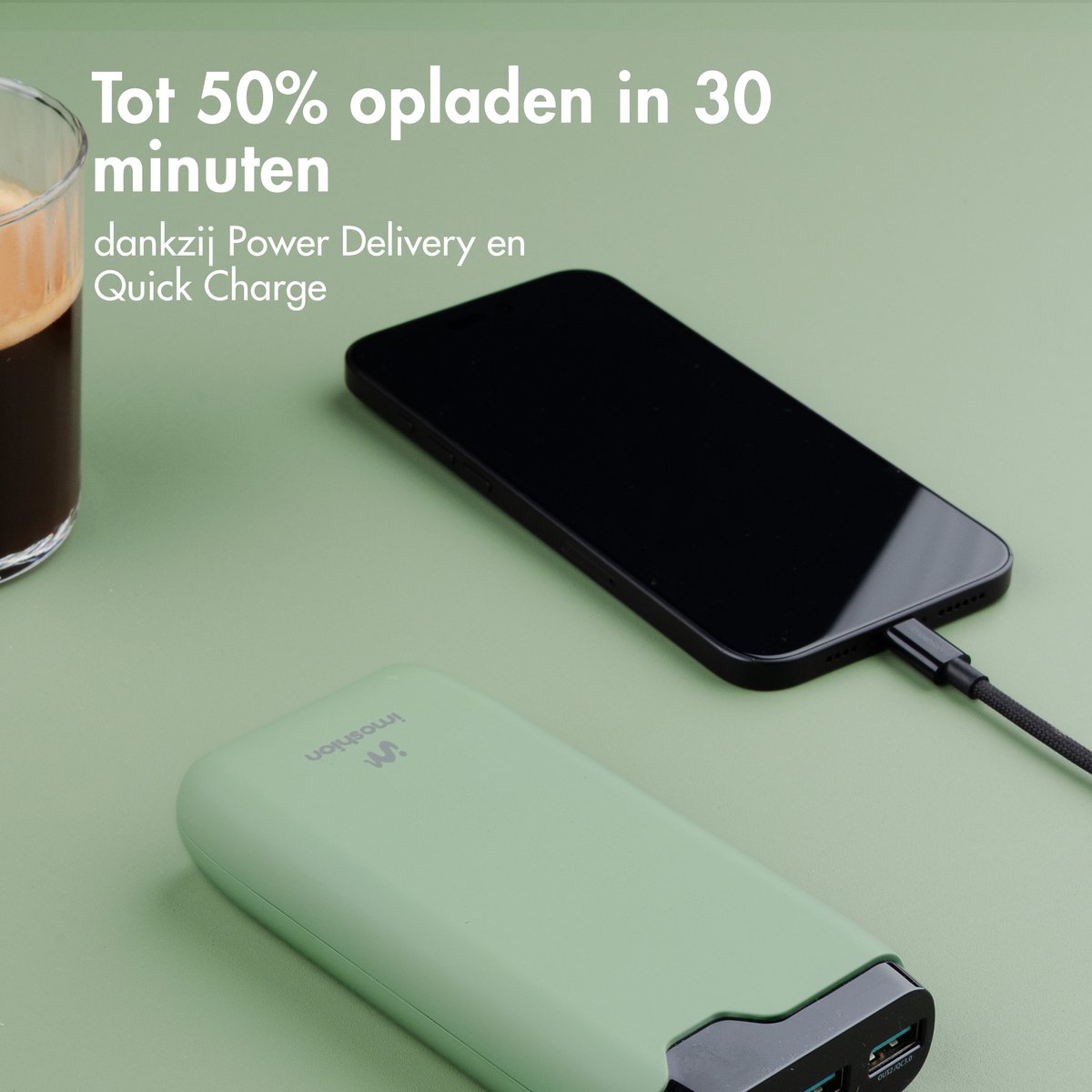 imoshion® Powerbank 20000 mAh - 22.5W Snellader - USB C / USB A - LED Display - Powerbanks - Universeel - Noodpakket - Groen — cadeau in Telefoon & Tablet - foto 4