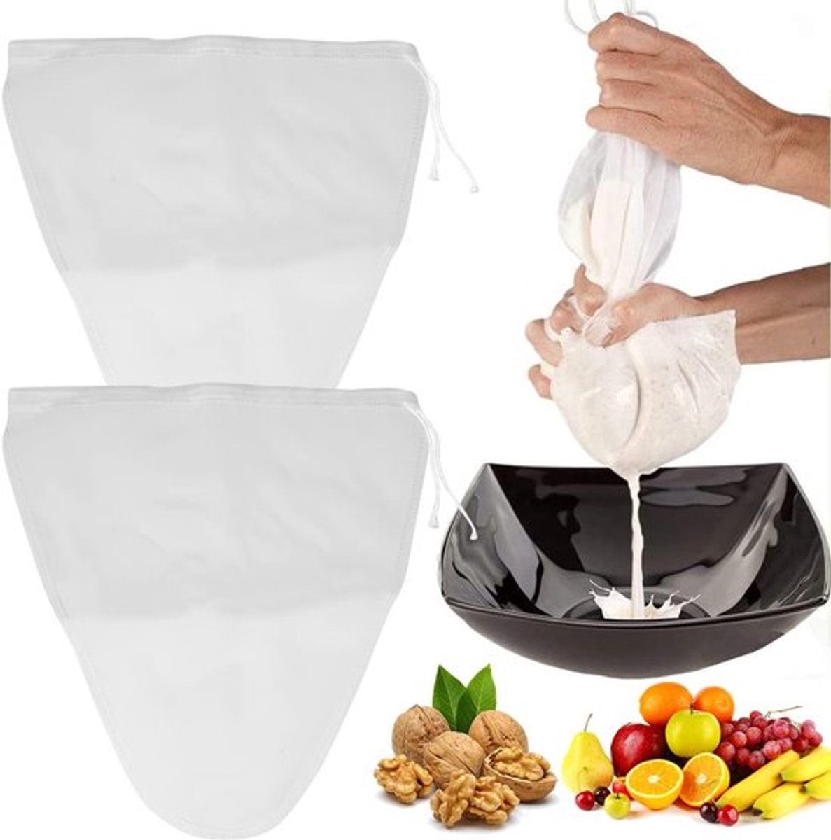 Vormige Filterdoek - 30 x 30 cm - Biologisch Wasbare Notenmelkzak - Amandelmelk - Havermelk - Voor Fruit- en Groentesap - Pakket van 2