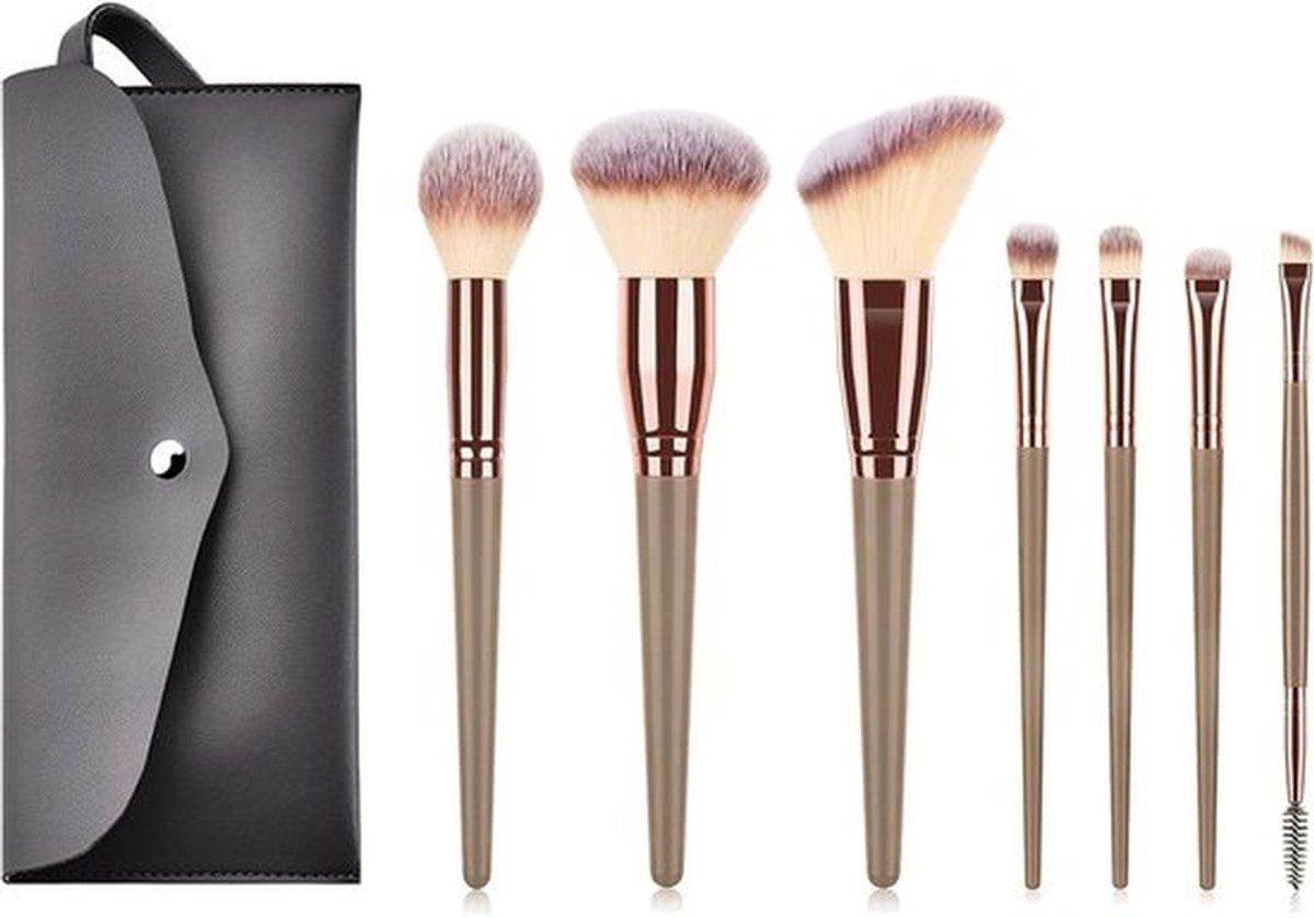 7-delige professionele make-upkwastenset voor foundation, poeder, concealer, blush, oogschaduw, wenkbrauwen, met etui, reismake-upset, champagnegoud