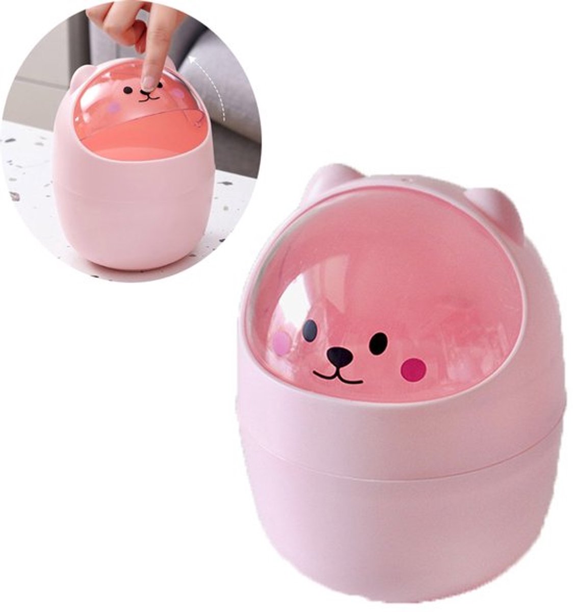 Prullenbak - Prullenbak Klein - Mini Prullenbak - Bureau prullenbak - Afvalbakje met Deksel - voor het Aanrecht, Bureau - een cartoonkat in de vorm van een dier - Roze - 12*16cm