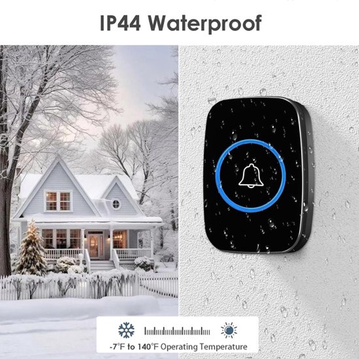 Draadloze deurbel - Waterdichte deurbelset - Onderscheidt voor- en achterdeur - Bereik van 300 m - 60 beltonen - 5 volumeniveaus en LED-flitser - EU-stekker - Waterdichtheid IP44 - Geschikt voor thuiskantoren en klaslokalen - Zwart