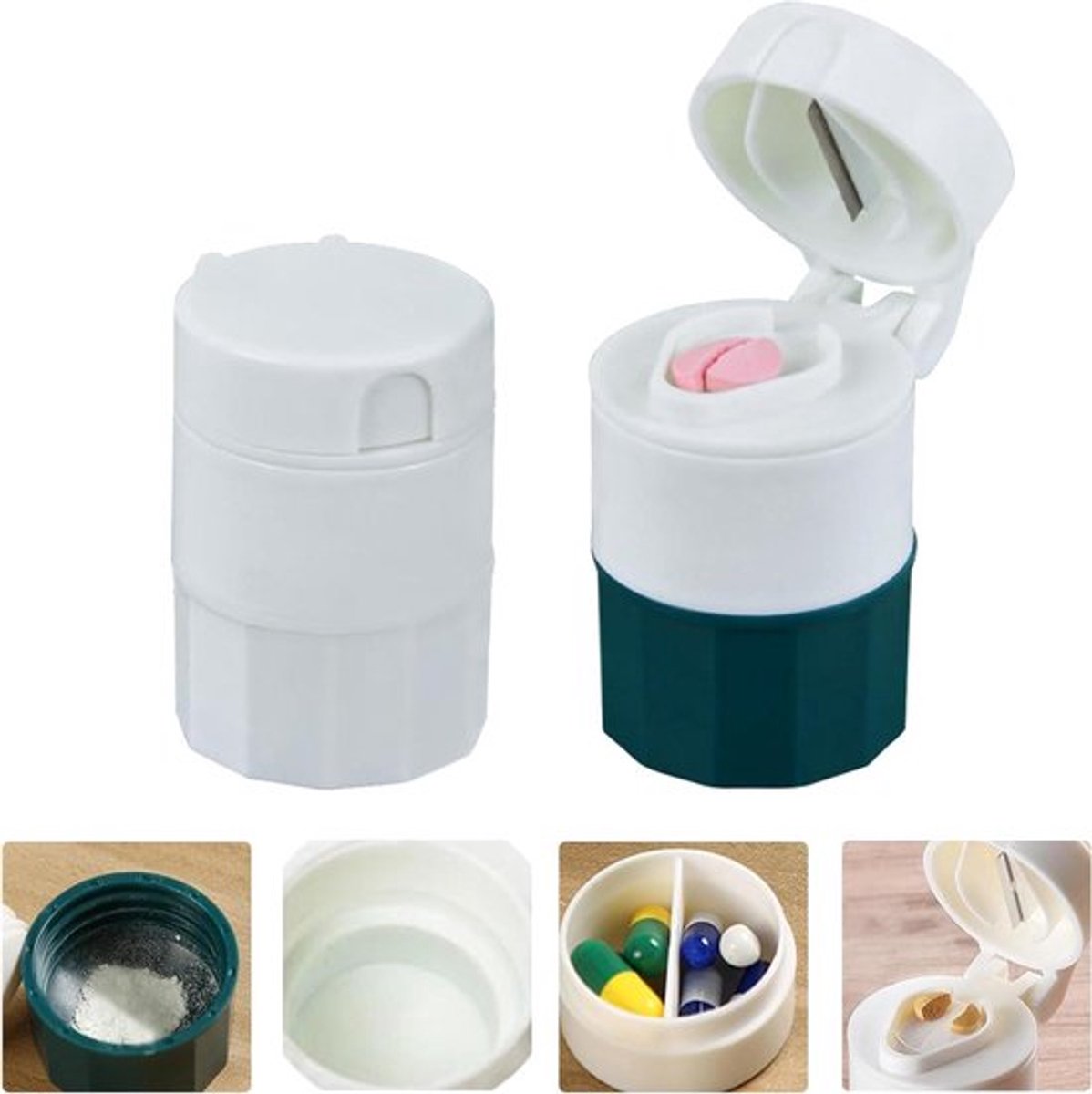 2-pack Pillensnijder met Dispenser - Multifunctionele Pillenbreker voor Tabletten - 4-in-1 Tabletsnijder voor Kleine Pillen - Draagbare Pillensplitter met Verwijderbare Opbergdoos
