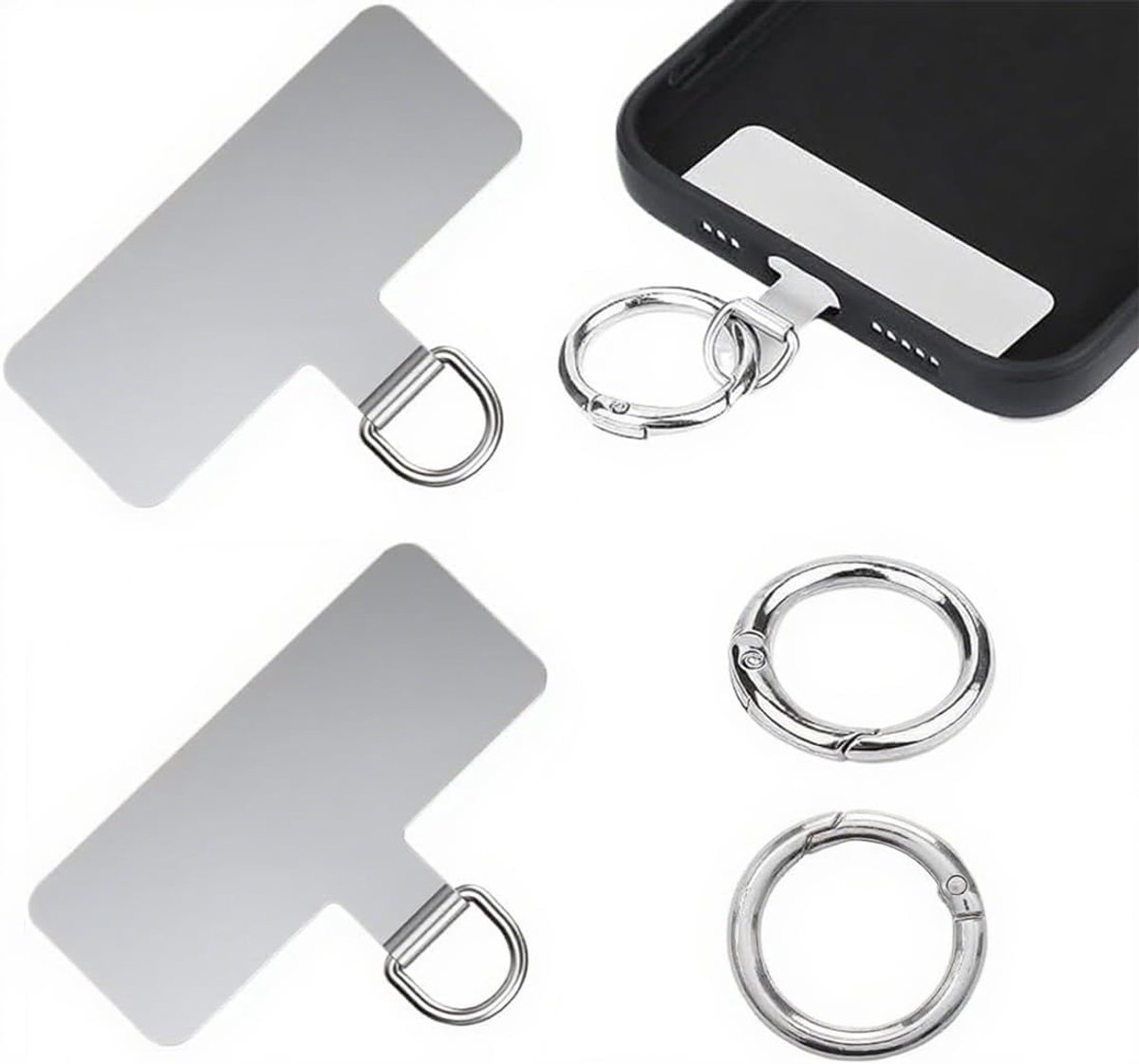 SnelShoppen - Pakket van 2 mobiele telefoon sleutelkoordbevestigingen, telefoon kettinghouder, universele bevestigingslabels met metalen ring, veiligh