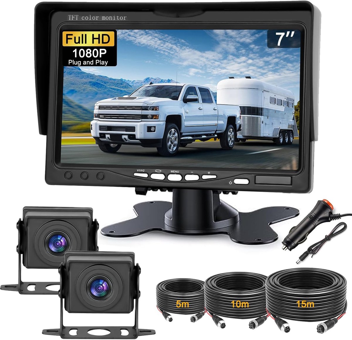 SnelShoppen - Dual Achteruitrijcameraset met 7 Inch HD Monitor, IP69 Waterdicht, Auto Backupcamera, Stabiel Signaal, 5m/10m/15m Kabel voor Camper en V