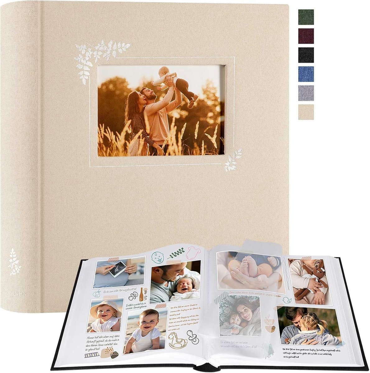 SnelShoppen - Groot Linnen Fotoalbum Vensterdesign, 100 Witte Pagina's met Pergamijn voor 9x13cm, 10x15cm, 13x18cm Foto's - Beige Fotoboek voor Feeste