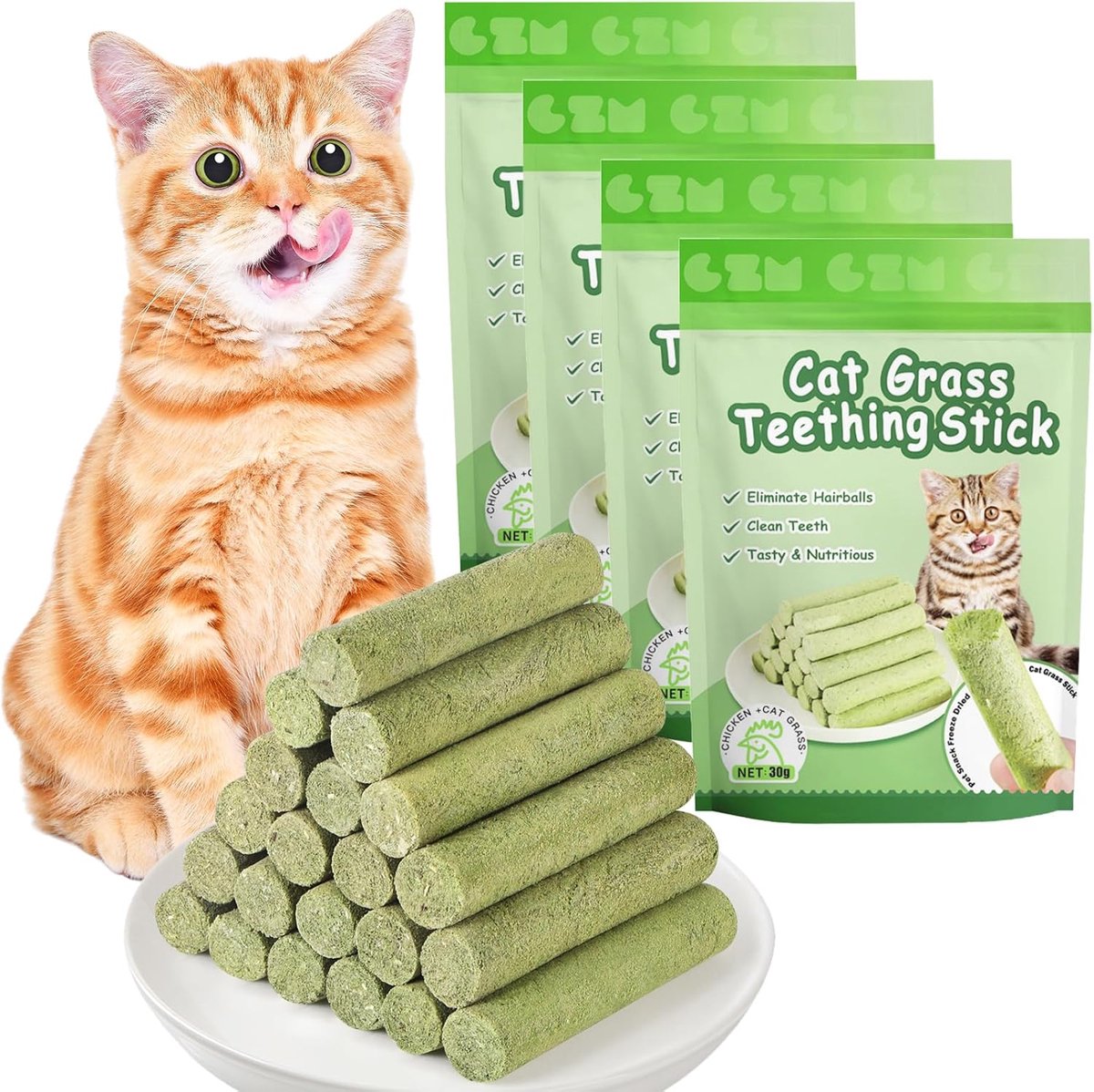 SnelShoppen - Eetbare Kattengrasssticks voor Katten, 24 Stuks Gevriesdroogde Kattengraskorrels, Natuurlijke Mondreiniging, Teething Stick voor Katten,
