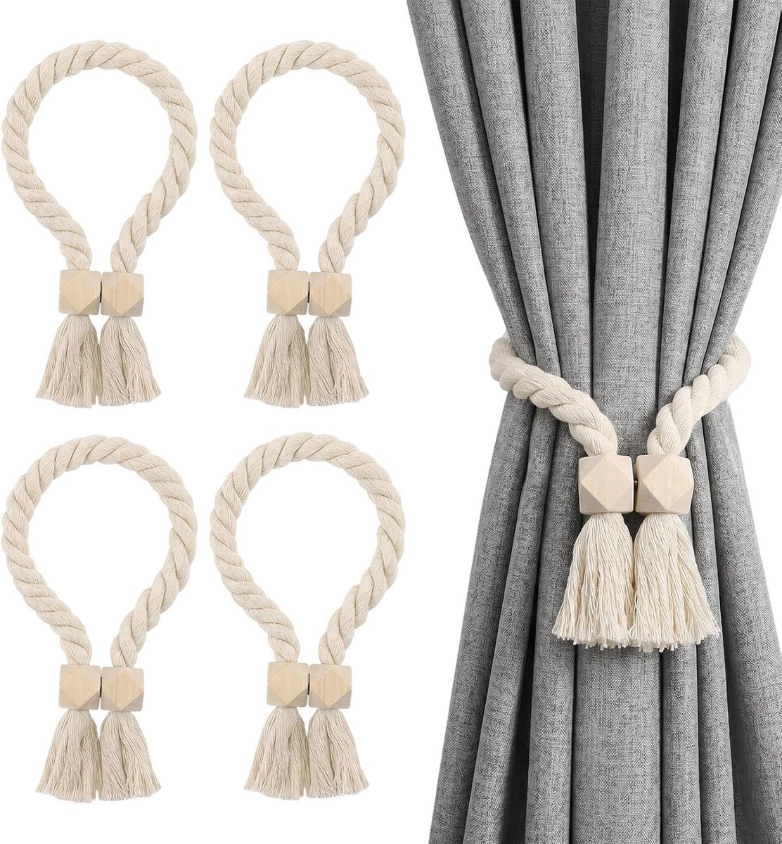 SnelShoppen - 4 stuks magnetische gordijnhouders van katoenen touw, verstelbare boho gordijnhouders met houten kralen, 60-62 cm, voor woonkamer en sla