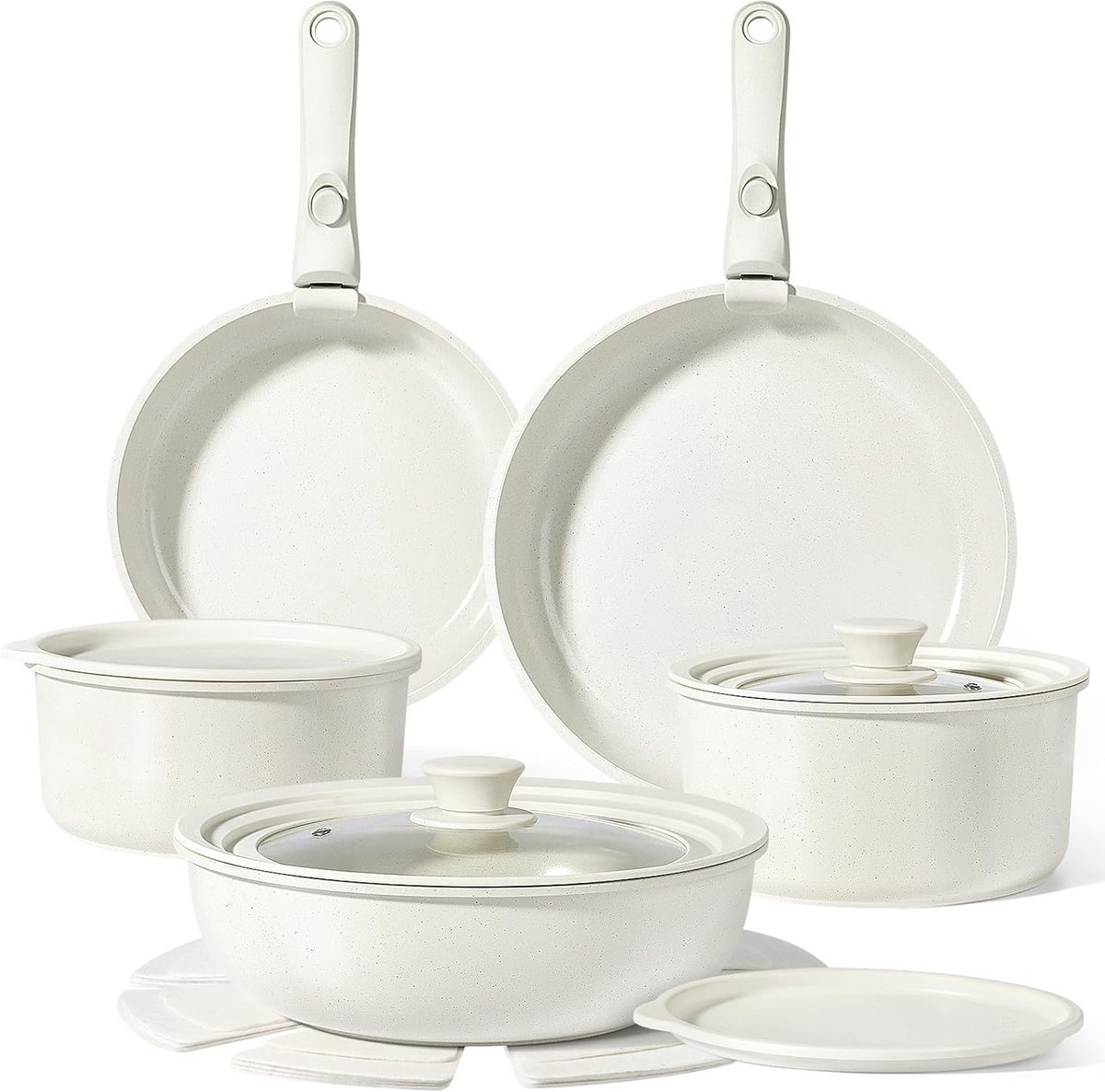 SnelShoppen - GiPP Pannenset met Afneembare Greep - 15-delig Inductie Kookgerei met Graniet Antiaanbaklaag - Stapelbaar, Ovenbestendig, Wit voor Keuke