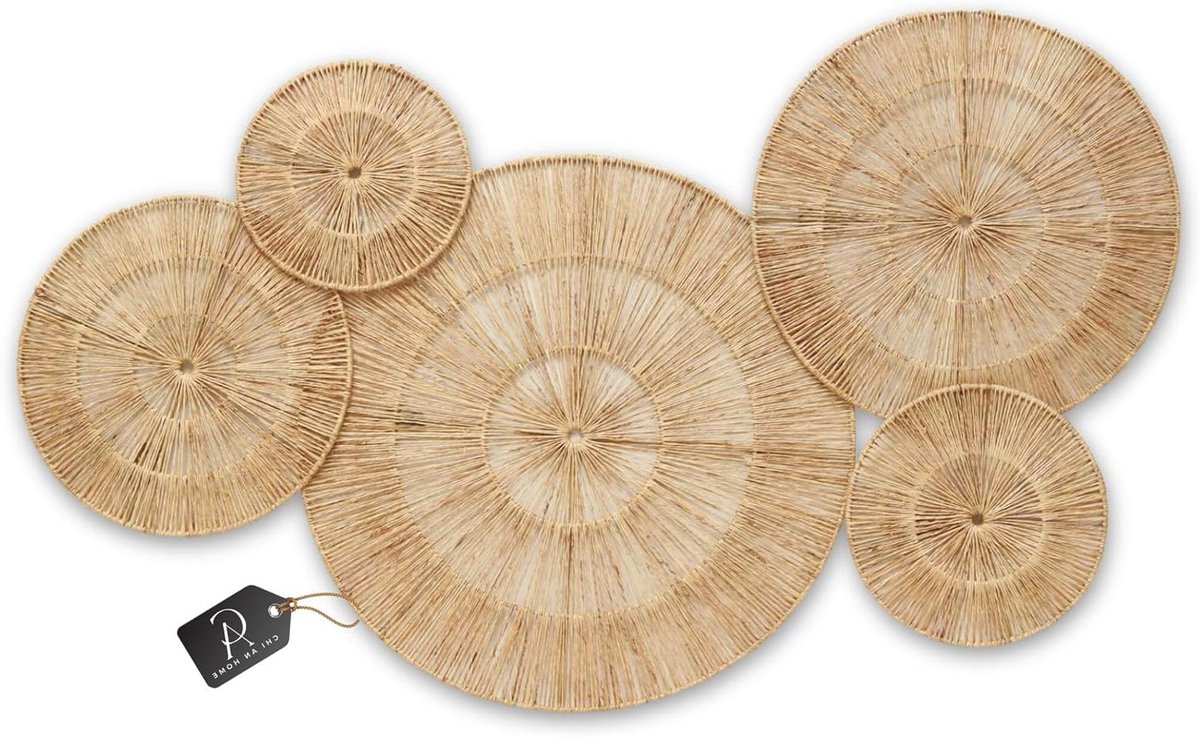 Wanddecoratie Set - Geweven Manden - Muur Decoratie - Handgeweven Jute - 5 Delig - Lichtbruin