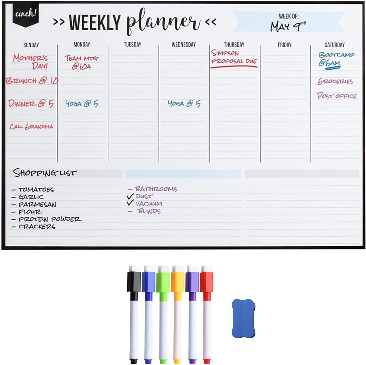 SnelShoppen - Weekplanner Magnetisch 40x30 cm - Herbruikbaar Whiteboard voor Koelkast - Eetplanner & To-Do Lijst - Inclusief 6 Markers en Gum - Afwasb