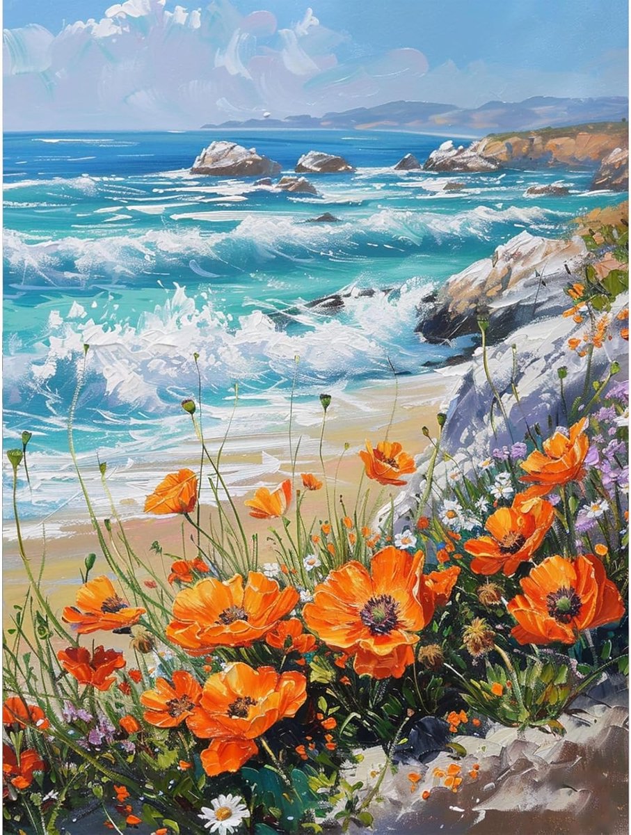 SnelShoppen - Verf op nummer voor volwassenen bloemen door de zee, schilderen op nummer canvas kit met acrylverfborstels, DIY olieverfschilderij kunst