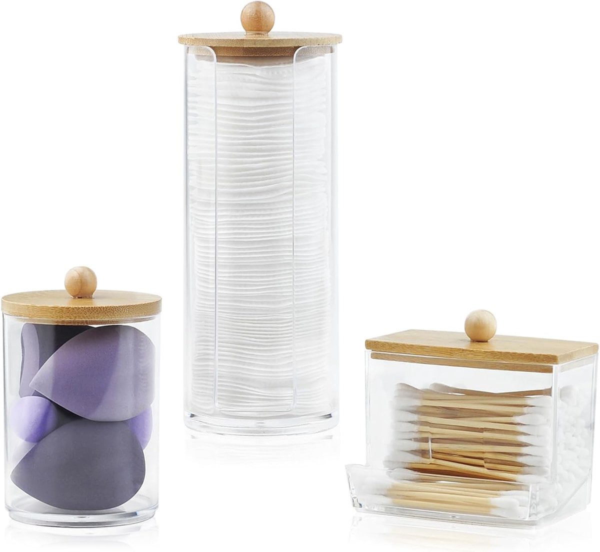 SnelShoppen - 3 Stuks Wattenschijfhouder met Bamboe Deksel - Acryl Opbergdoos voor Wattenstaafjes, Make-up Remover, Cosmetica, Badkamer Accessoires -