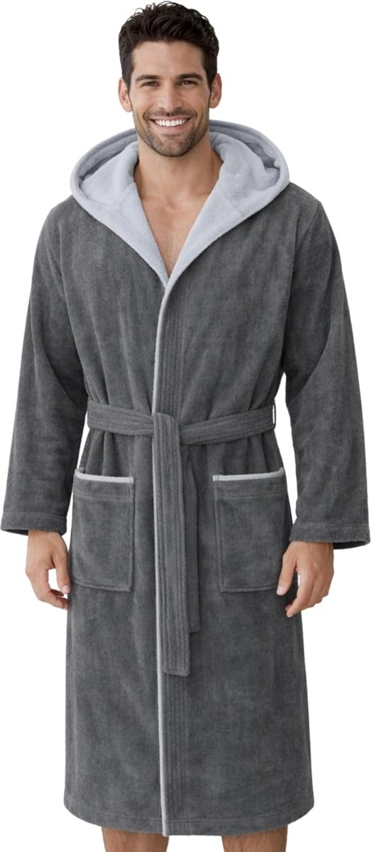 SnelShoppen - Badjas Heren Velours 100% Katoen met Capuchon Lang en Riem - Comfortabele en Praktische Nachtkleding voor Thuis, Wellness en Relaxen