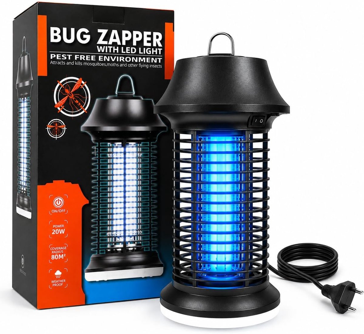 SnelShoppen - Elektrische Insectenverdelger 2500V, 15W UV Muggenlamp met LED Licht, Waterdicht IPX4, Effectieve Vliegenval voor Binnen en Buiten, Gesc