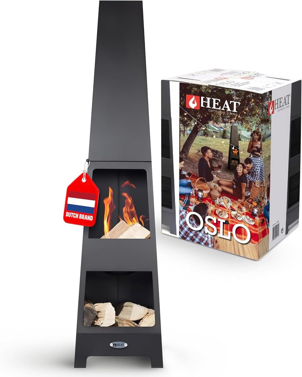 SnelShoppen - Terrace Firepit Oslo met Houtopslag - Zwart Gepoedercoat Metaal - Tuinhaard voor Sfeervolle Avonden - 36x36x150cm