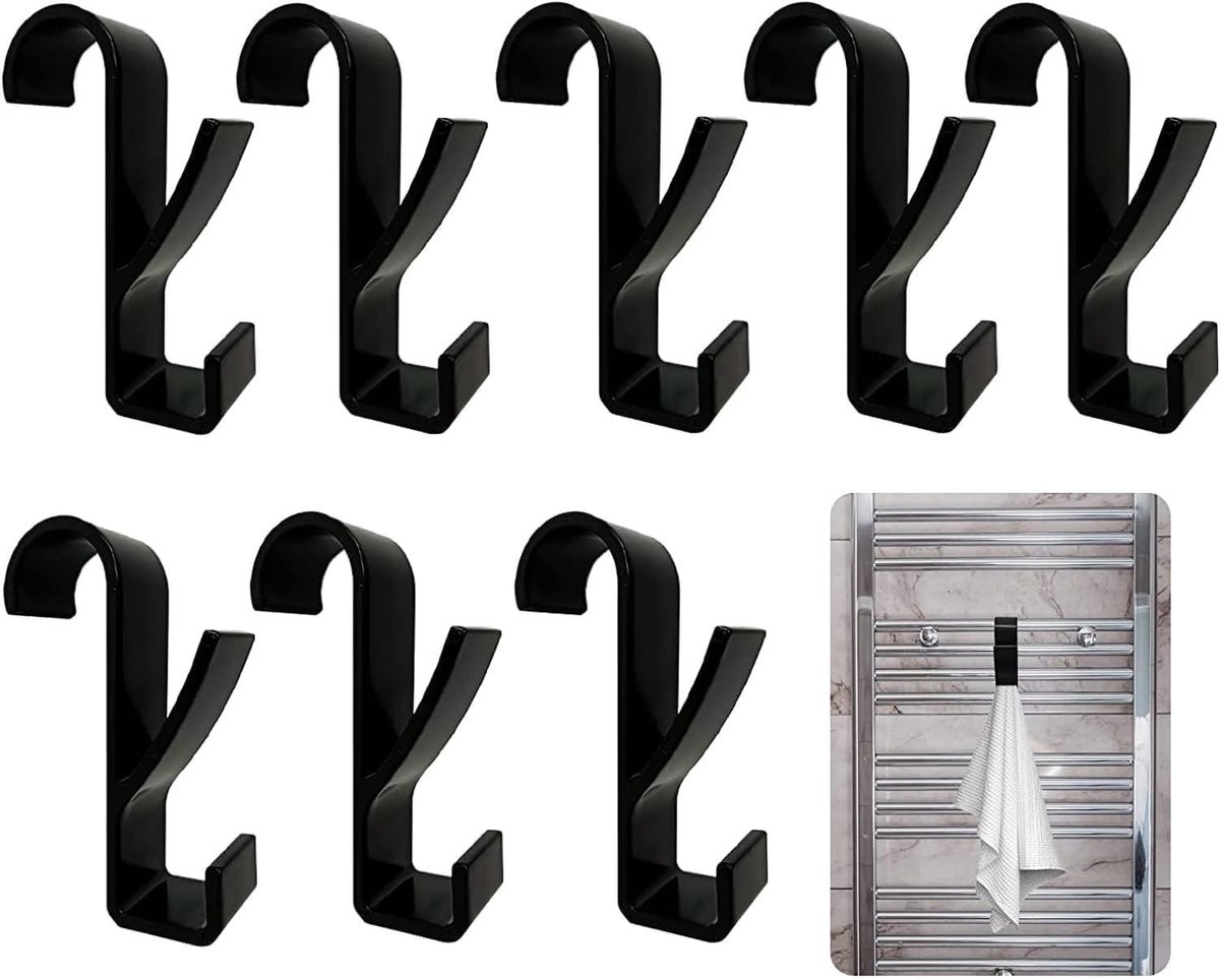 SnelShoppen - Radiator Haken - 8 Ronde Radiator Haken - Plastic Haken voor Badkamer en Keuken - Waterdicht, Roestvrij, Duurzaam en Licht - Zwart