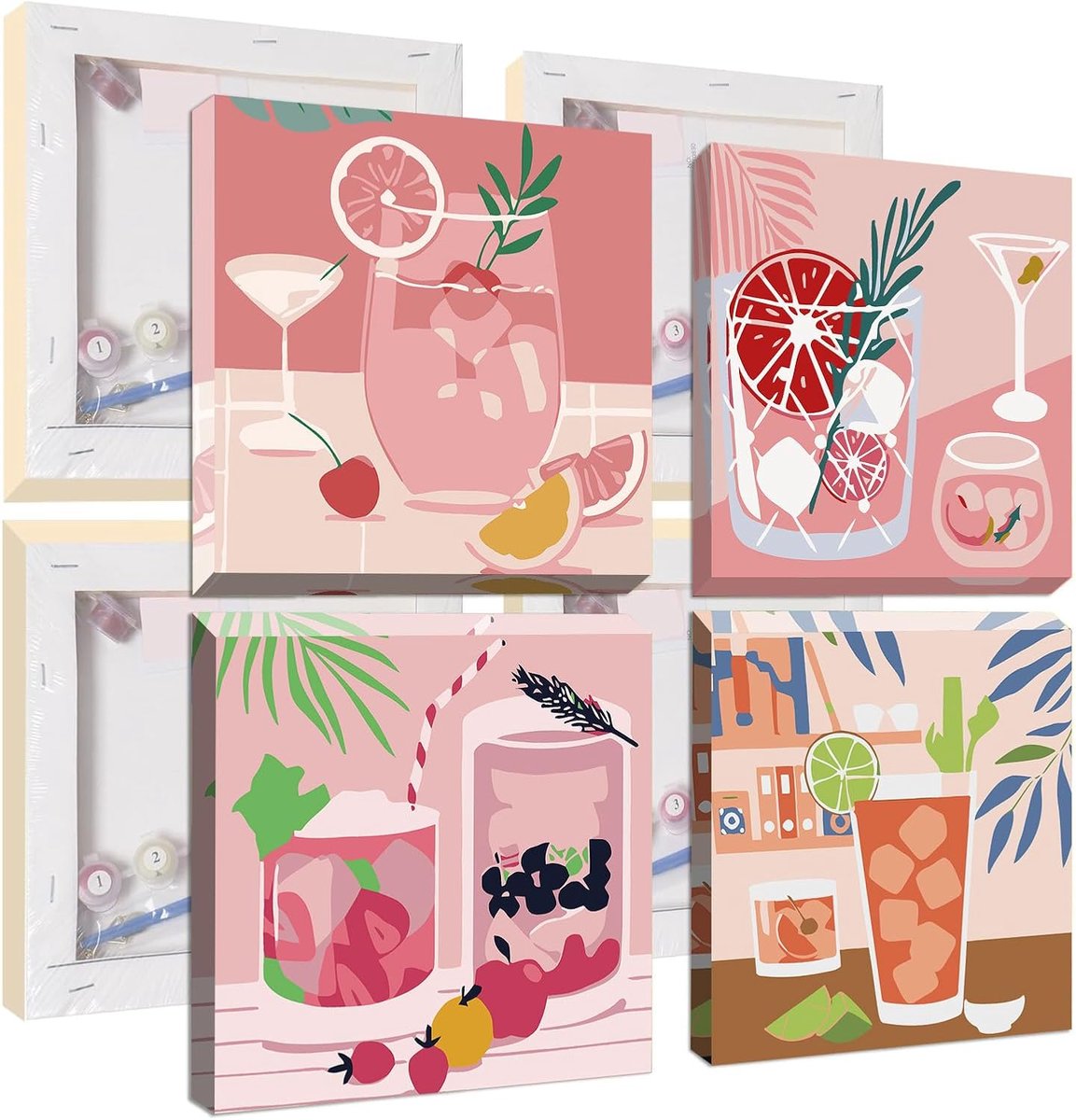 SnelShoppen - Doe-het-zelf Schilderen op Nummer Set voor Kinderen van 8 tot 12 Jaar - 4-delige Canvas Schilderset met Roze Wijn en Houten Lijst - Crea