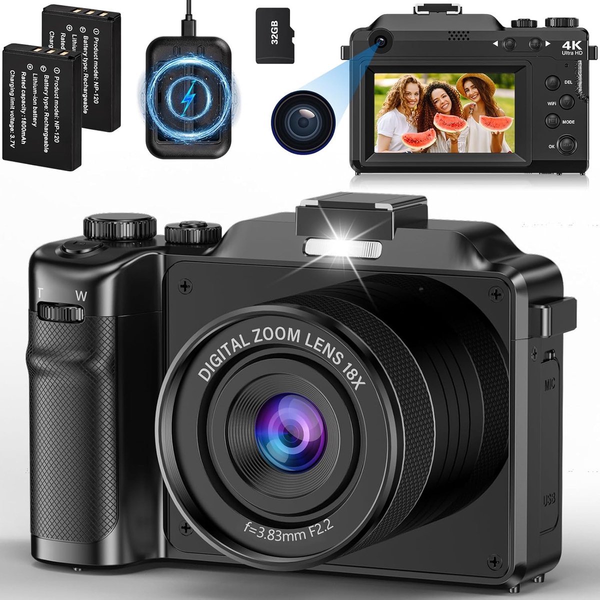 SnelShoppen - 4K Digitale Camera 64 MP met 18x Zoom, Auto Focus, WiFi, Vlogging Camera met Selfie Functie, Compacte Camera met 32 GB Geheugenkaart, Op