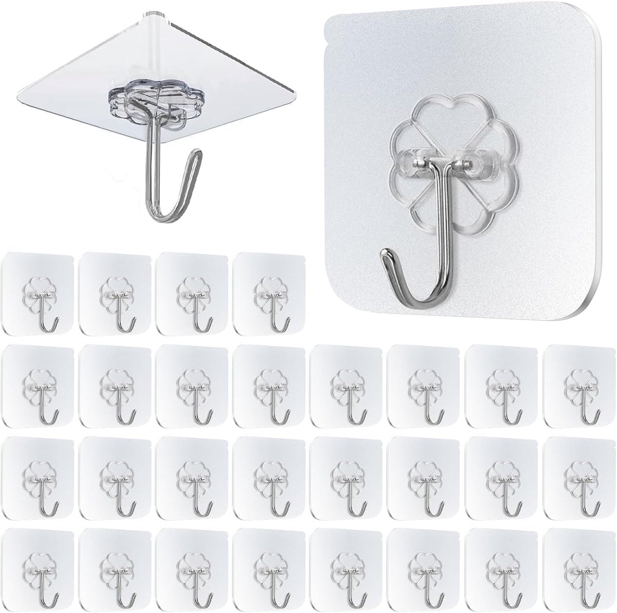 SnelShoppen - Pack van 30 Extra Sterke Transparante Plakhaakjes, Geen Boren, Ideaal voor Badkamer, Keuken, Muur en Plafond, Maximaal 10 kg, Water- en