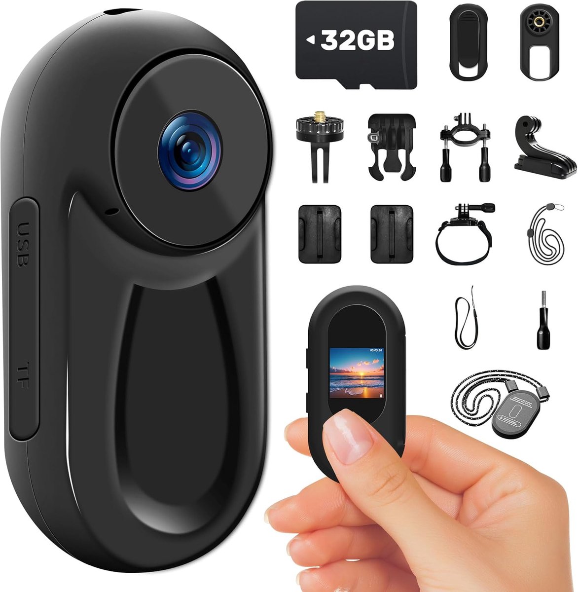 SnelShoppen - Mini Action Camera 1080p HD met 32GB, 120° Lens, Handheld Sportcamera voor Fietsen, Helm, en Outdoor Activiteiten