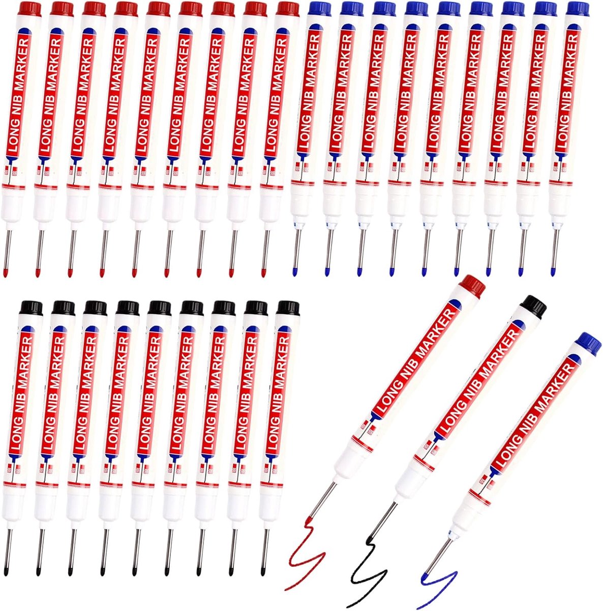 SnelShoppen - 30pcs Diepe Gaten Highlighters, 3 Kleuren, 22 mm Extra Lange Punt, Marker Pen voor Muren, Hout, Plastic, Glas, Metaal, Karton (Zwart, Bl