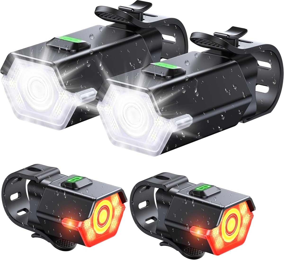 SnelShoppen - LED Fietsverlichting Set, Oplaadbaar USB, Voor- en Achterlicht met Zijwaarsignaal, 360° Rotatable, Hoge Helderheid Reflectoren, Waterpro
