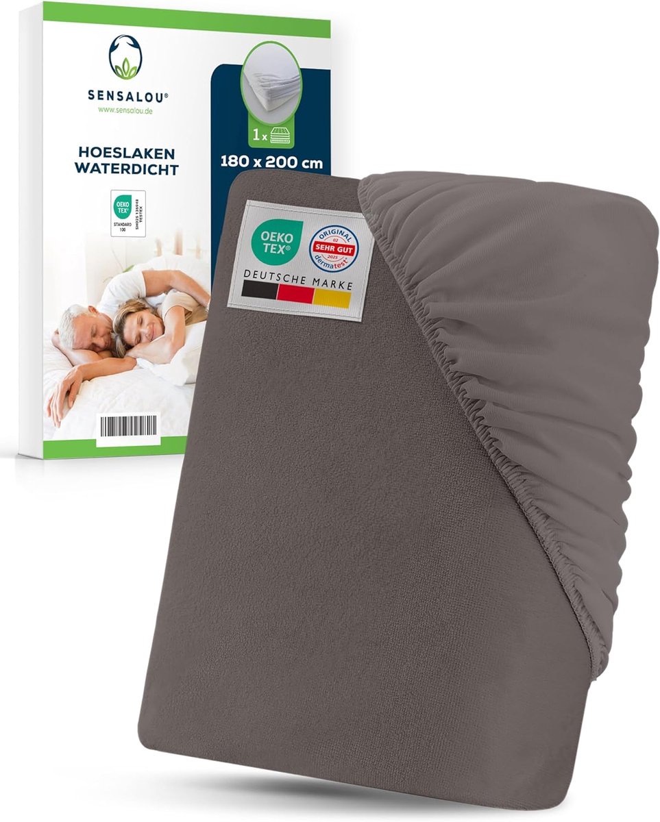 SnelShoppen - Waterdichte Fitted Sheet 180x200 cm Grijs - Matrasbeschermer van Terry Katoen - Ademend, Geluidloos, Oeko-Tex - Ideaal voor Tweepersoons