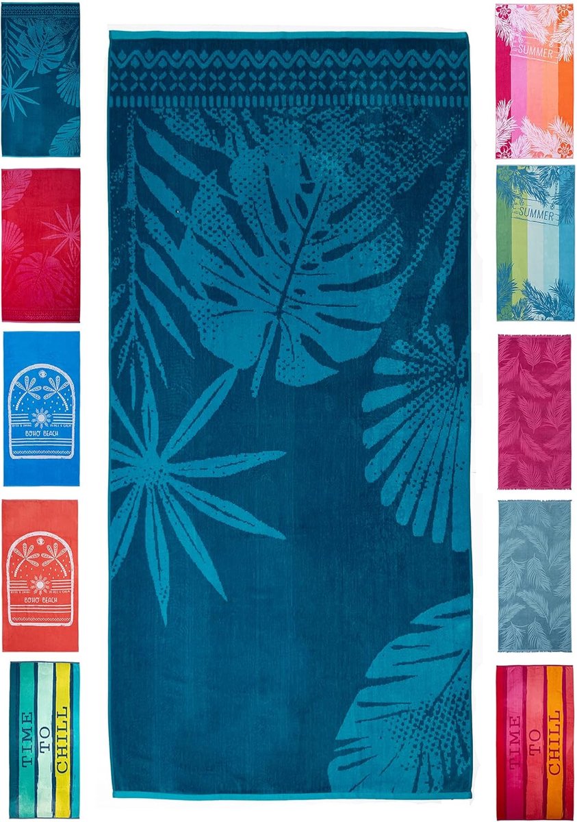SnelShoppen - Strandhanddoek 90 x 180 cm, Katoenen Badhanddoek, Velours en Terry, Blauwe Bladeren, Sauna Handdoek, Oeko-Tex Standaard 100, Perfect voo