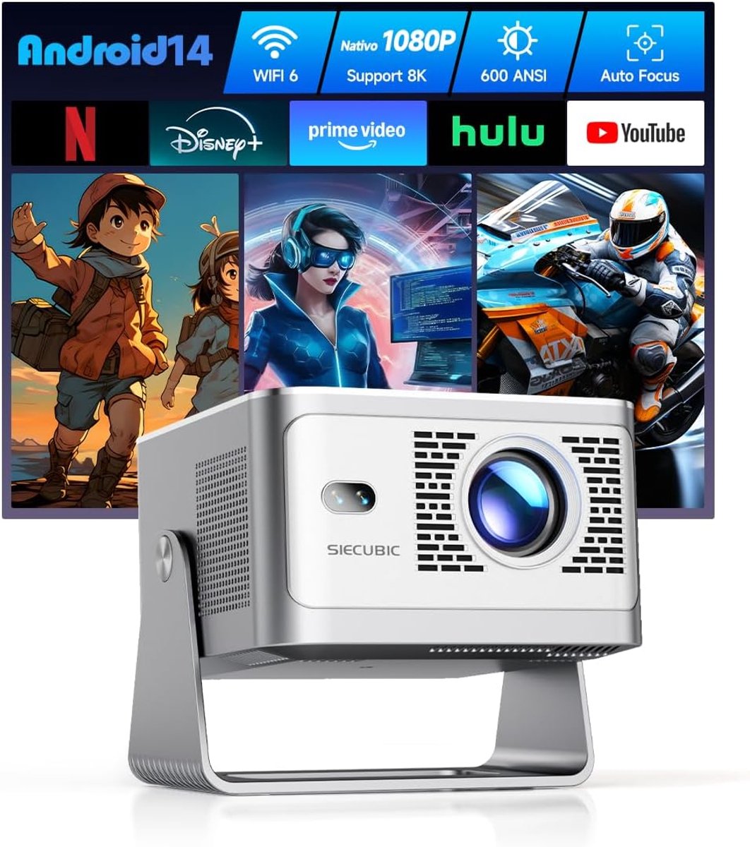 SnelShoppen - Mini Draagbare Projector 4K Full HD 1080P voor Thuisbioscoop, 600 ANSI Lumens, Android 14, WiFi 6, Bluetooth 5.4, Automatische Correctie